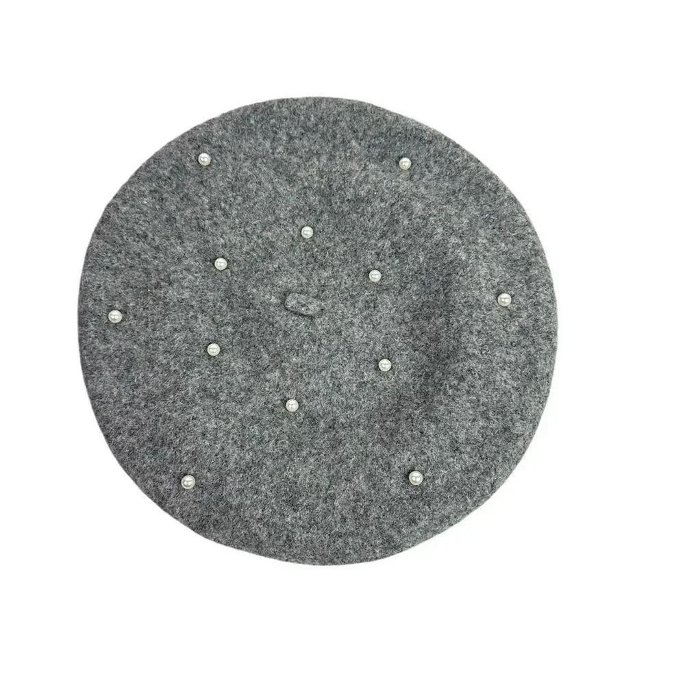 Chico's Women's Gray Beret with white faux pearl One Size